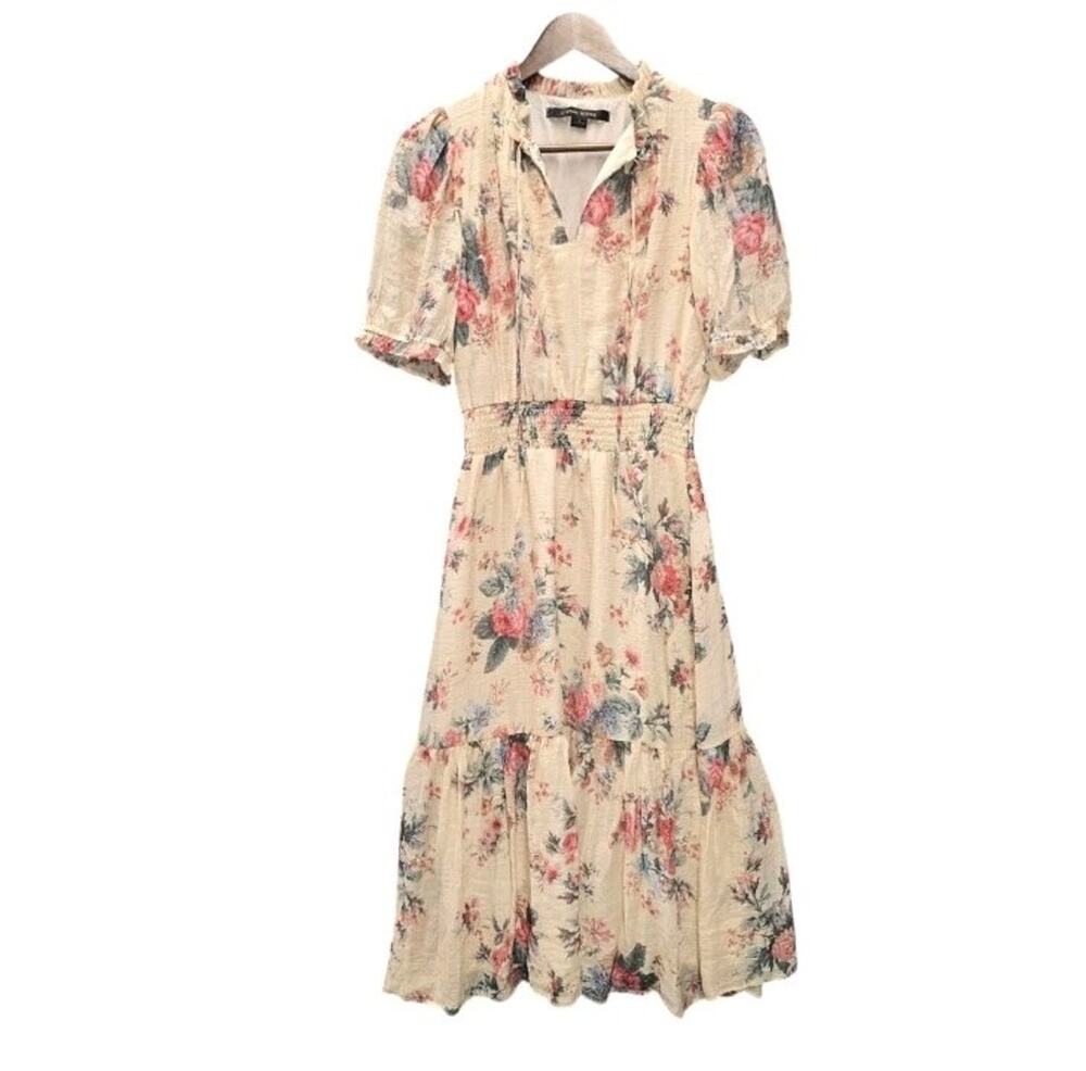 Cynthia Steffe Boho Floral Puff Sleeve Midi Dress S Small Smocked Tiered Ivory